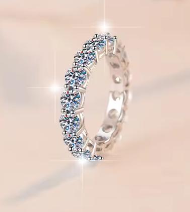 Round Stone Full Eternity Band Moissanite Ring in 925 Sterling Silver