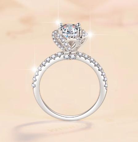 Round Halo Pavé Band Moissanite Ring in 925 Sterling Silver