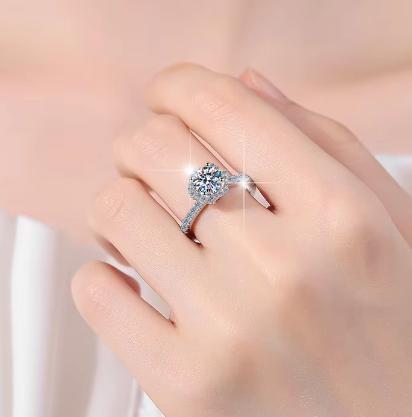 Round Halo Pavé Band Moissanite Ring in 925 Sterling Silver