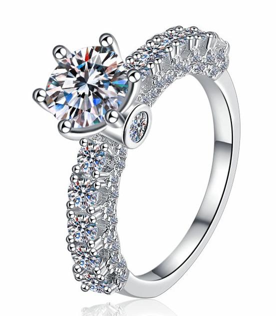 Round Solitaire Petal Side Stone Moissanite Ring in 925 Silver