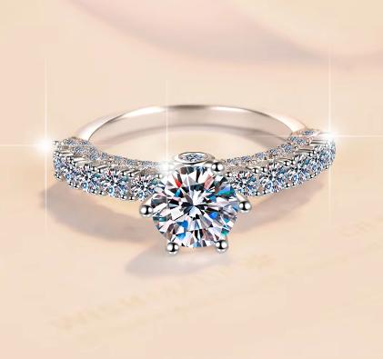 Round Solitaire Petal Side Stone Moissanite Ring in 925 Silver