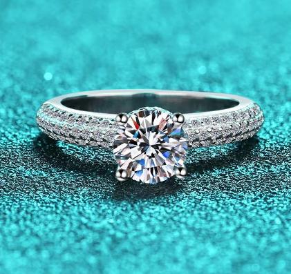 Round Solitaire Wide Pavé Band Moissanite Ring in 925 Sterling Silver