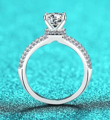 Round Solitaire Wide Pavé Band Moissanite Ring in 925 Sterling Silver