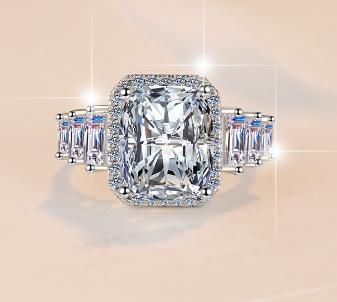 Asscher Cut Baguette Halo Moissanite Ring in 925 Sterling Silver