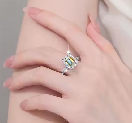 Emerald Cut Cushion Halo Moissanite Ring in 925 Sterling Silver