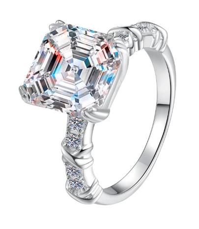 Asscher Cut Tapered Baguette Moissanite Ring in 925 Sterling Silver