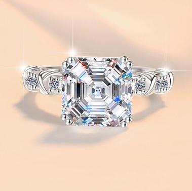 Asscher Cut Tapered Baguette Moissanite Ring in 925 Sterling Silver