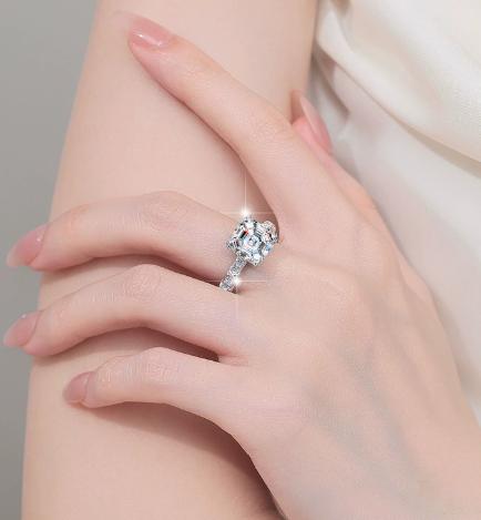 Asscher Cut Tapered Baguette Moissanite Ring in 925 Sterling Silver