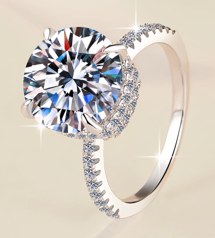 Round Solitaire Fine Pavé Moissanite Ring in 925 Sterling Silver