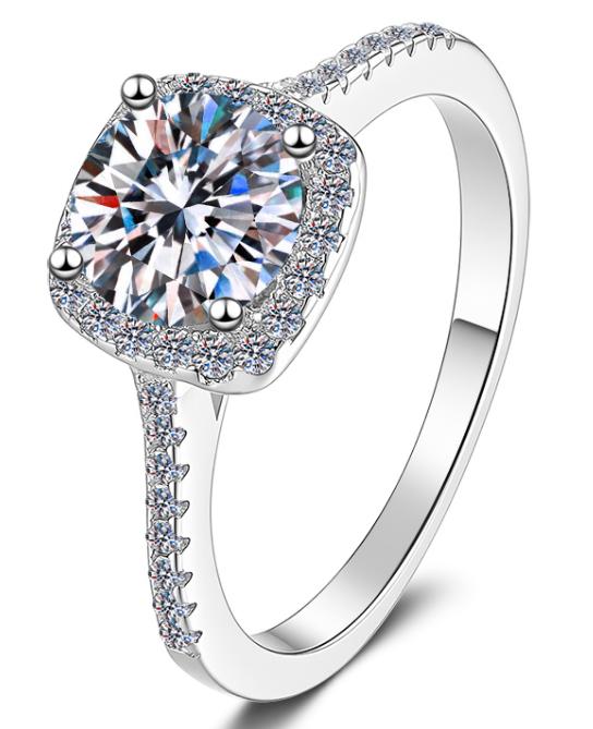 Round Stone Square Halo Moissanite Ring in 925 Sterling Silver