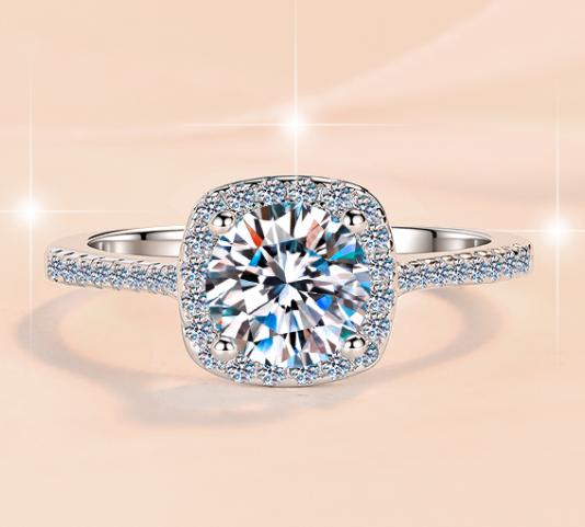 Round Stone Square Halo Moissanite Ring in 925 Sterling Silver