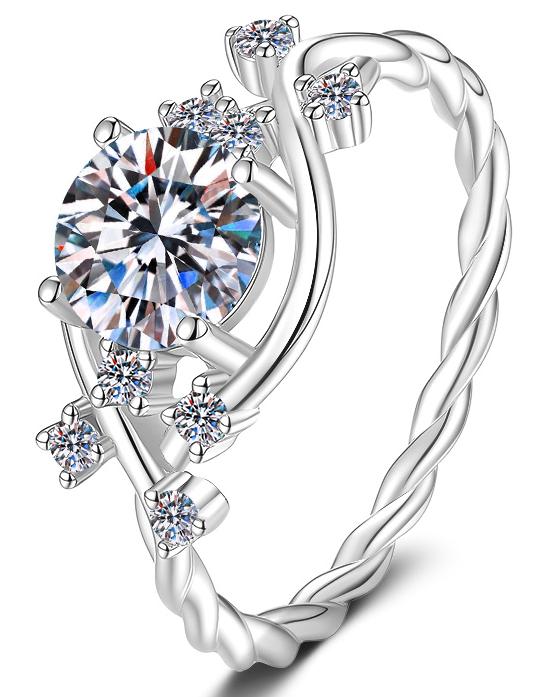 Round Solitaire Leaf Accent Moissanite Ring in 925 Sterling Silver