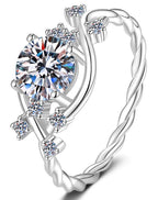 Round Solitaire Leaf Accent Moissanite Ring in 925 Sterling Silver