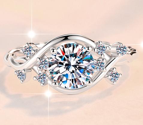 Round Solitaire Leaf Accent Moissanite Ring in 925 Sterling Silver