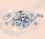 Round Solitaire Leaf Accent Moissanite Ring in 925 Sterling Silver