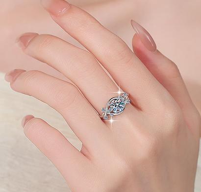 Round Solitaire Leaf Accent Moissanite Ring in 925 Sterling Silver