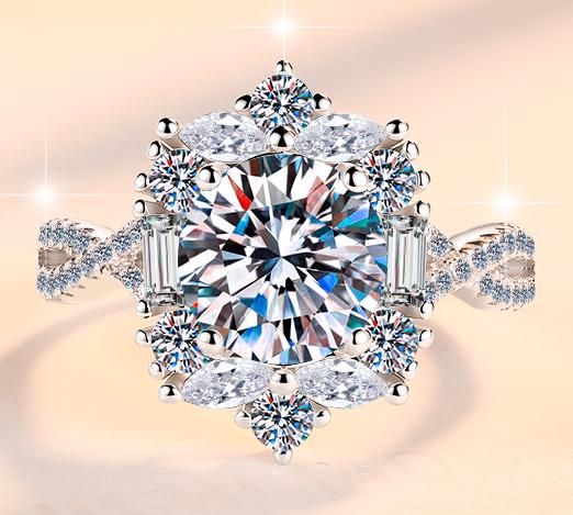 Cushion Cluster Halo Moissanite Ring in 925 Sterling Silver