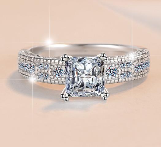 Princess Cut Wide Pavé Band Moissanite Ring in 925 Sterling Silver