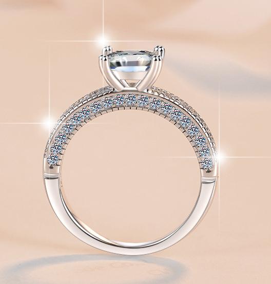 Princess Cut Wide Pavé Band Moissanite Ring in 925 Sterling Silver
