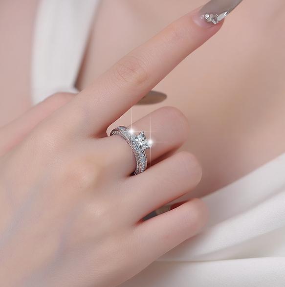 Princess Cut Wide Pavé Band Moissanite Ring in 925 Sterling Silver