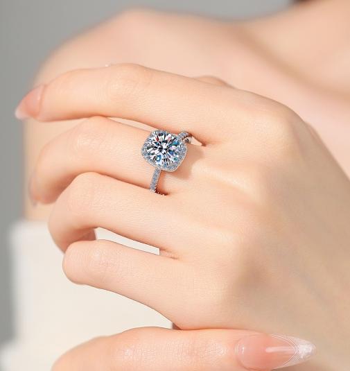 Round Cushion Halo Moissanite Ring in 925 Sterling Silver