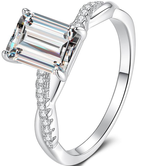 Emerald Cut Leaf Shoulder Moissanite Ring in 925 Sterling Silver