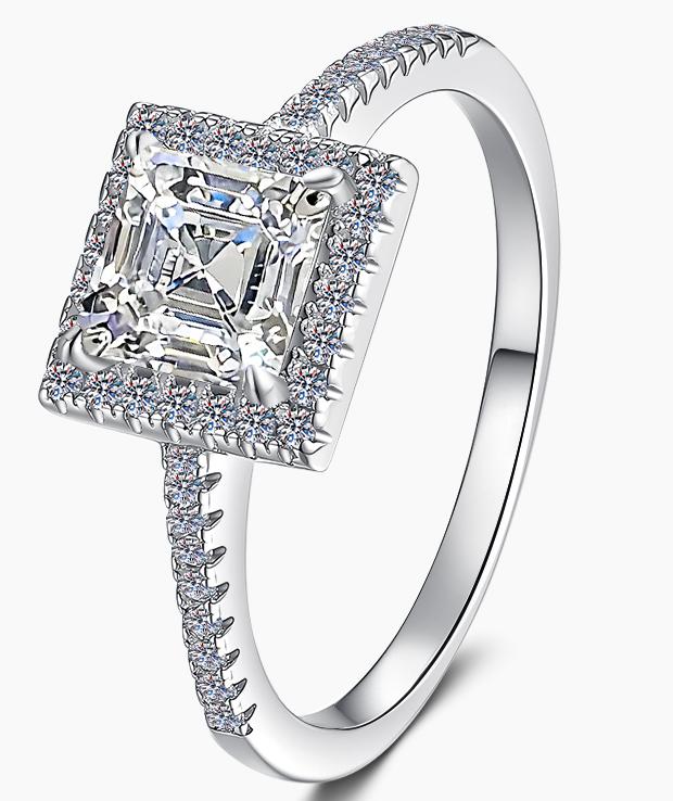Asscher Cut Square Halo Moissanite Ring in 925 Sterling Silver