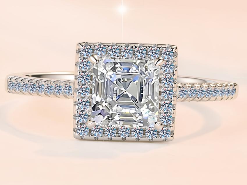 Asscher Cut Square Halo Moissanite Ring in 925 Sterling Silver