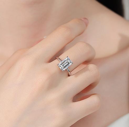 Emerald Cut Sleek Solitaire Moissanite Ring in 925 Sterling Silver