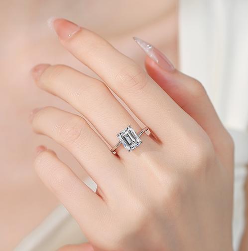 Emerald Cut Four Prong Solitaire Moissanite Ring in 925 Silver