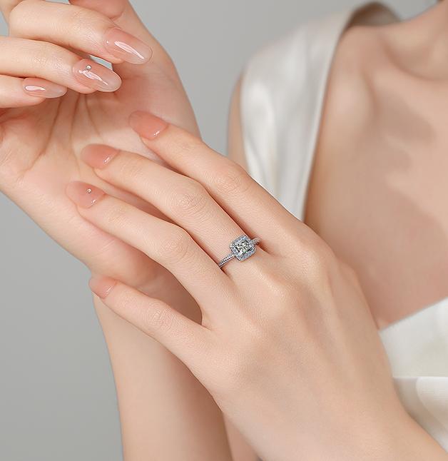 Radiant Cut Double Band Halo Moissanite Ring in 925 Sterling Silver
