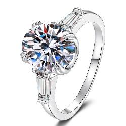 Round Solitaire Baguette Setting Moissanite Ring in 925 Silver