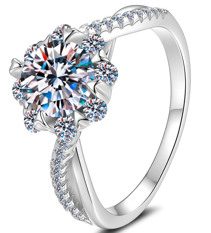 Round Flower Halo Moissanite Ring in 925 Sterling Silver