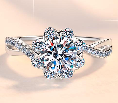 Round Flower Halo Moissanite Ring in 925 Sterling Silver
