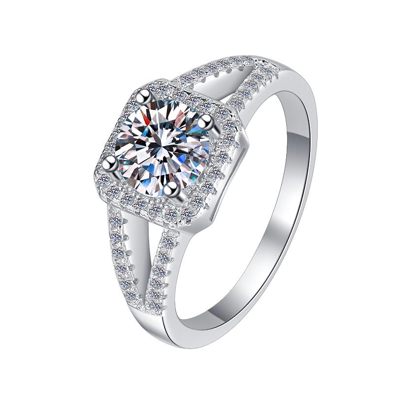 Round Halo Split Shank Moissanite Ring in 925 Sterling Silver