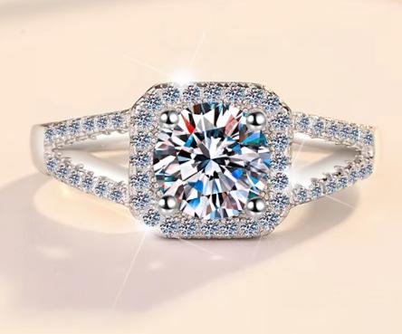 Round Halo Split Shank Moissanite Ring in 925 Sterling Silver