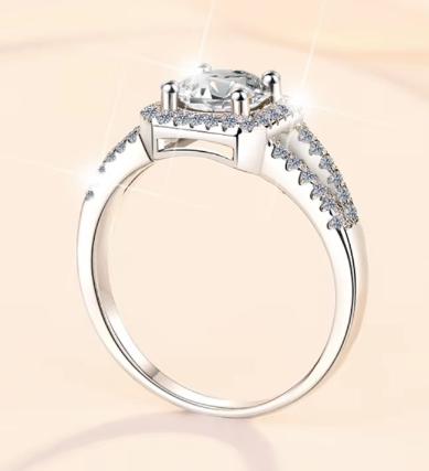 Round Halo Split Shank Moissanite Ring in 925 Sterling Silver