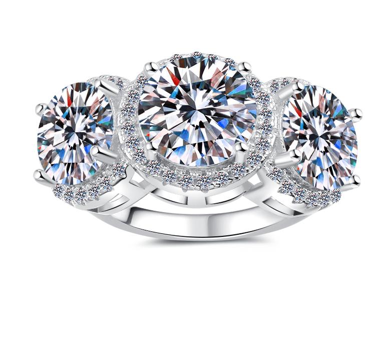 Round Three Stone Halo Moissanite Ring in 925 Sterling Silver