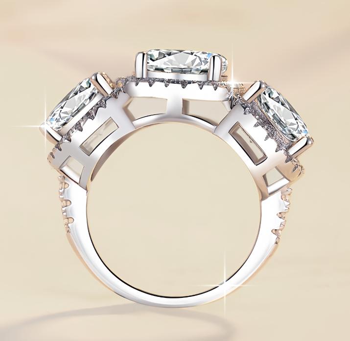 Round Three Stone Halo Moissanite Ring in 925 Sterling Silver