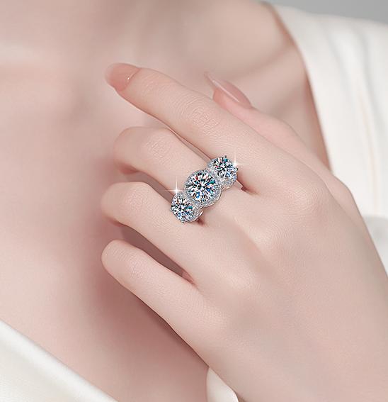 Round Three Stone Halo Moissanite Ring in 925 Sterling Silver