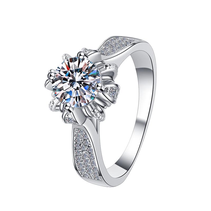 Round Floral Shoulder Solitaire Moissanite Ring in 925 Sterling Silver