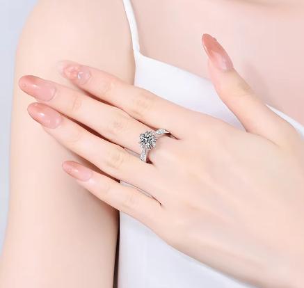 Round Floral Shoulder Solitaire Moissanite Ring in 925 Sterling Silver