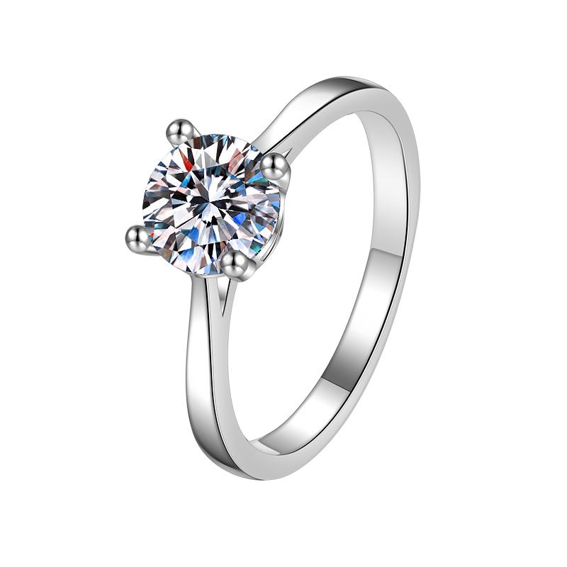Round Solitaire Baguette Accent Moissanite Ring in 925 Sterling Silver