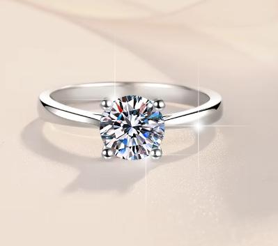 Round Solitaire Baguette Accent Moissanite Ring in 925 Sterling Silver