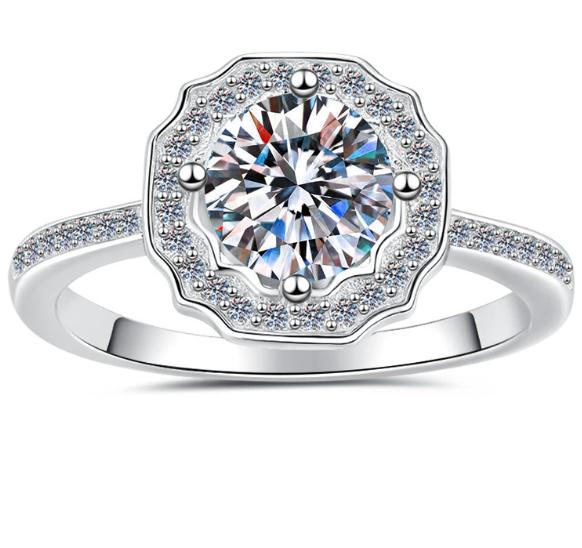Round Halo Double Band Moissanite Ring in 925 Sterling Silver