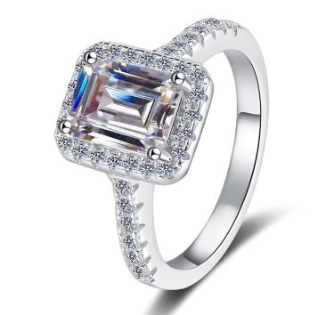 Emerald Cut Halo Moissanite Ring in 925 Sterling Silver