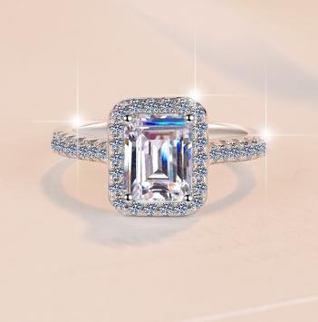 Emerald Cut Halo Moissanite Ring in 925 Sterling Silver