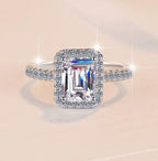 Emerald Cut Halo Moissanite Ring in 925 Sterling Silver