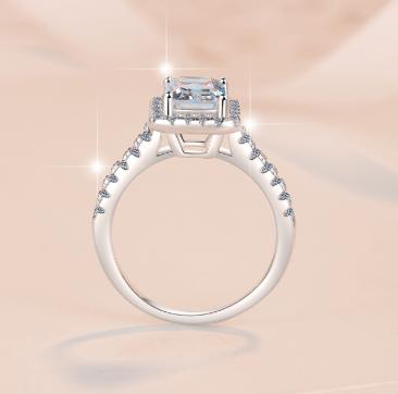 Emerald Cut Halo Moissanite Ring in 925 Sterling Silver