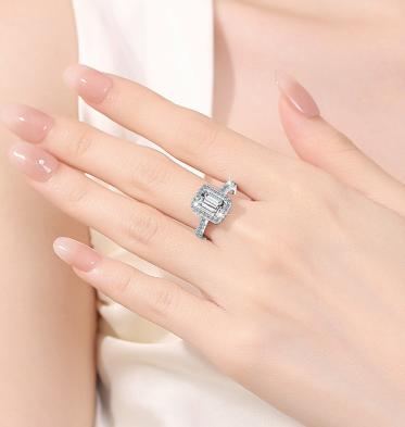 Emerald Cut Halo Moissanite Ring in 925 Sterling Silver